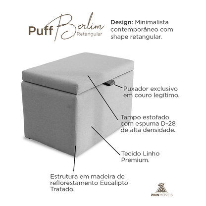 Puff Berlim Moderno com Armazenamento Grande - Cinza