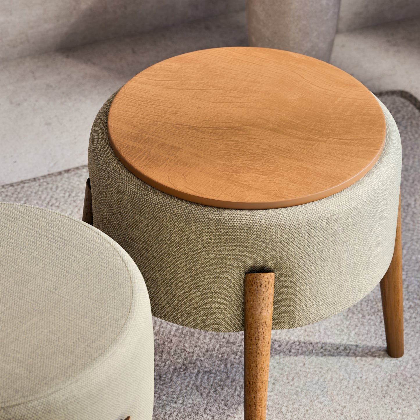 Puff Dual em Linho Cinza e Madeira Eucalipto - 1 Und