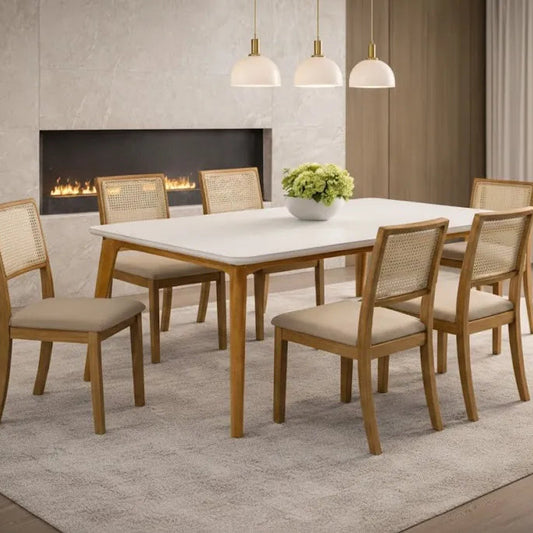 Conjunto Mesa Jade 1,60m Com 6 Cadeiras Jantar Rubi Madeira Bege Linho