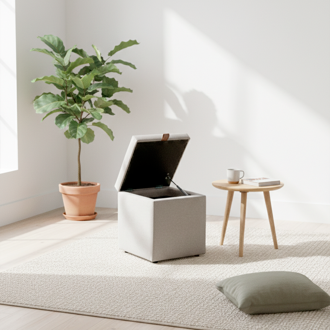 Puff Berlim Moderno com Armazenamento Quadrado- Cinza