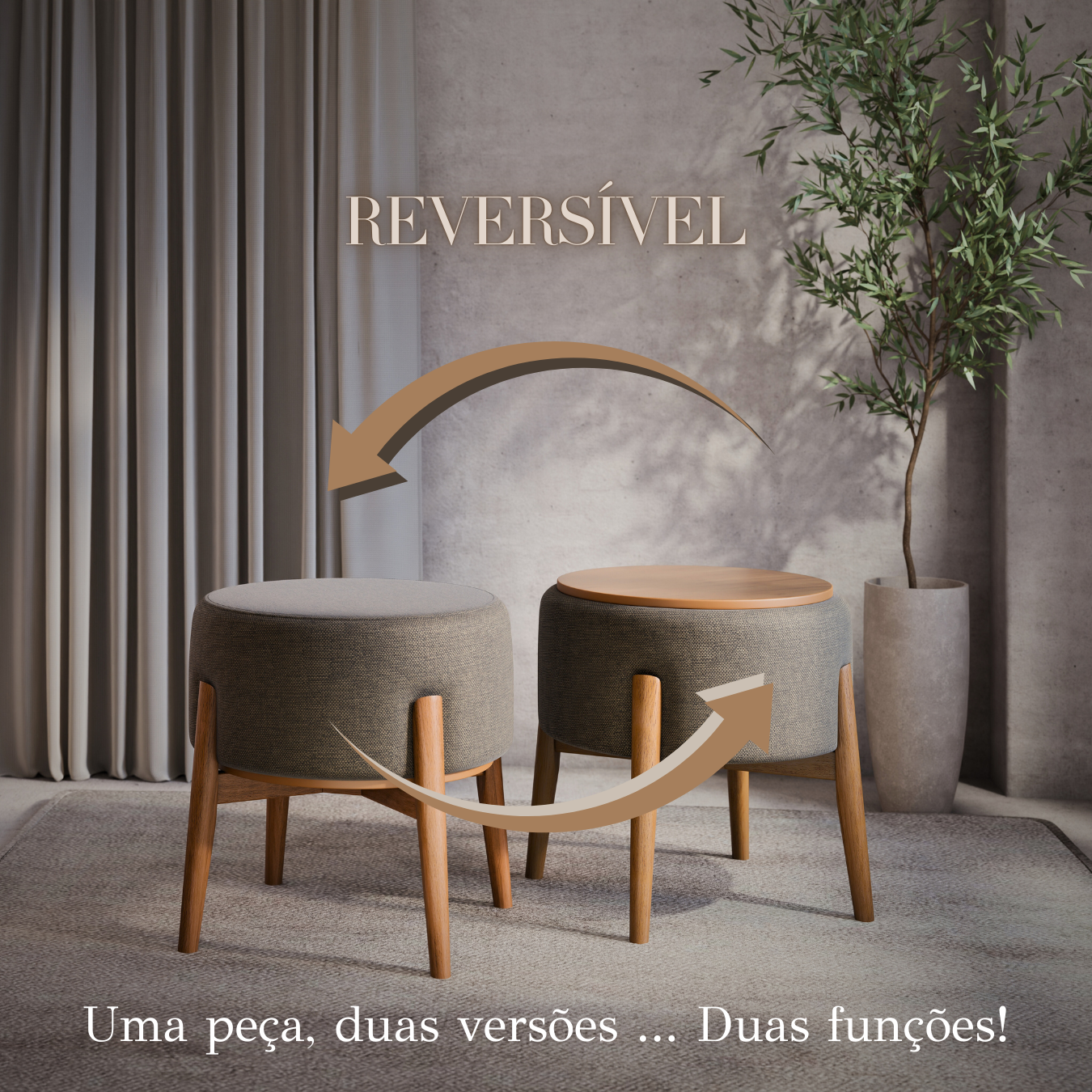 Puff Dual em Linho Chumbo e Madeira Eucalipto - 1 Und