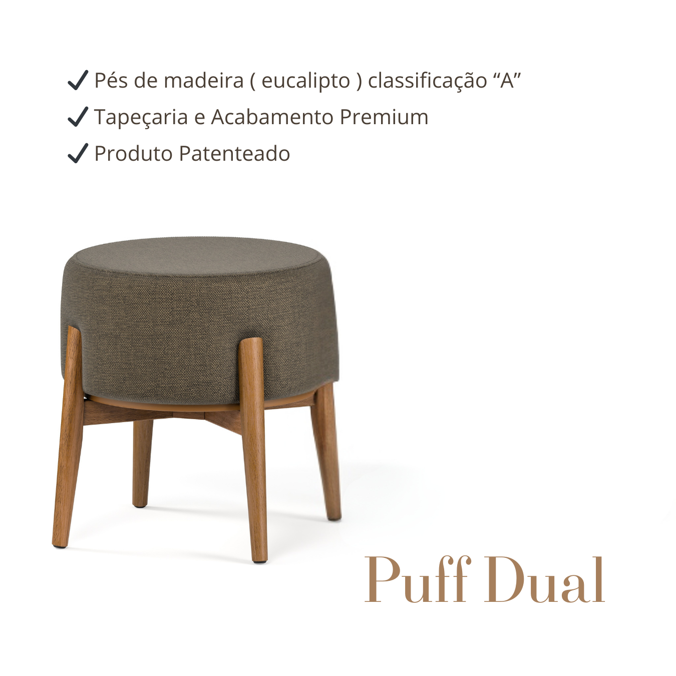 Puff Dual em Linho Chumbo e Madeira Eucalipto - 1 Und