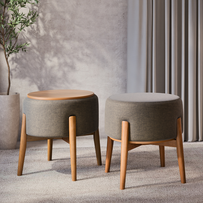 Puff Dual em Linho Chumbo e Madeira Eucalipto - 1 Und