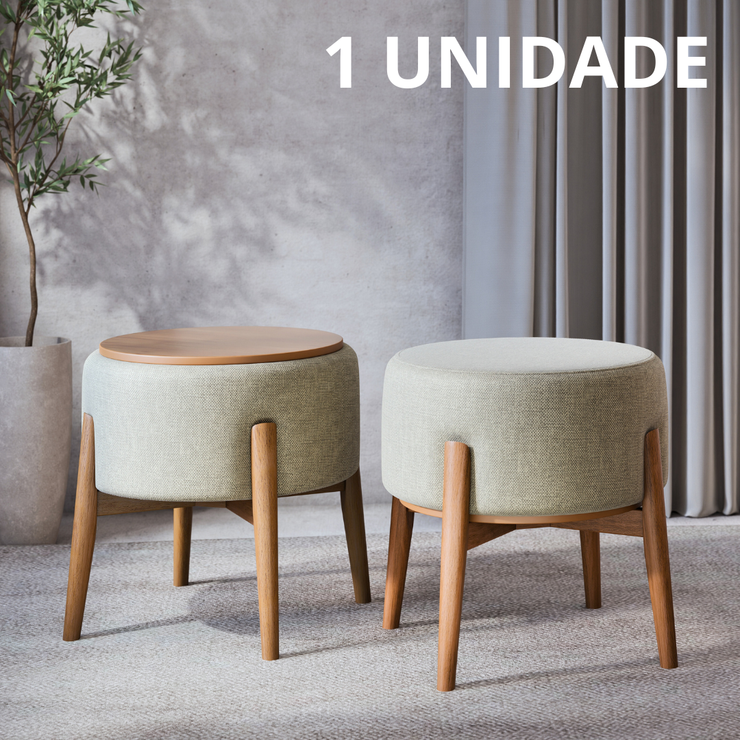 Puff Dual em Linho Cinza e Madeira Eucalipto - 1 Und