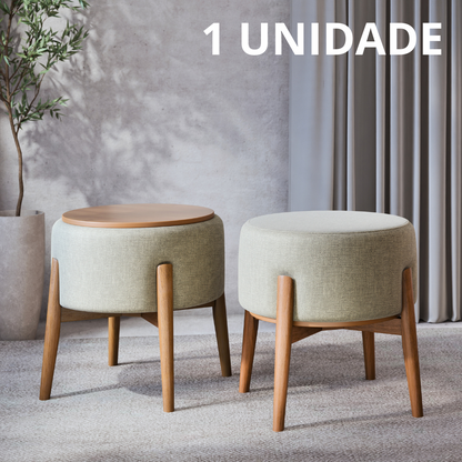 Puff Dual em Linho Cinza e Madeira Eucalipto - 1 Und
