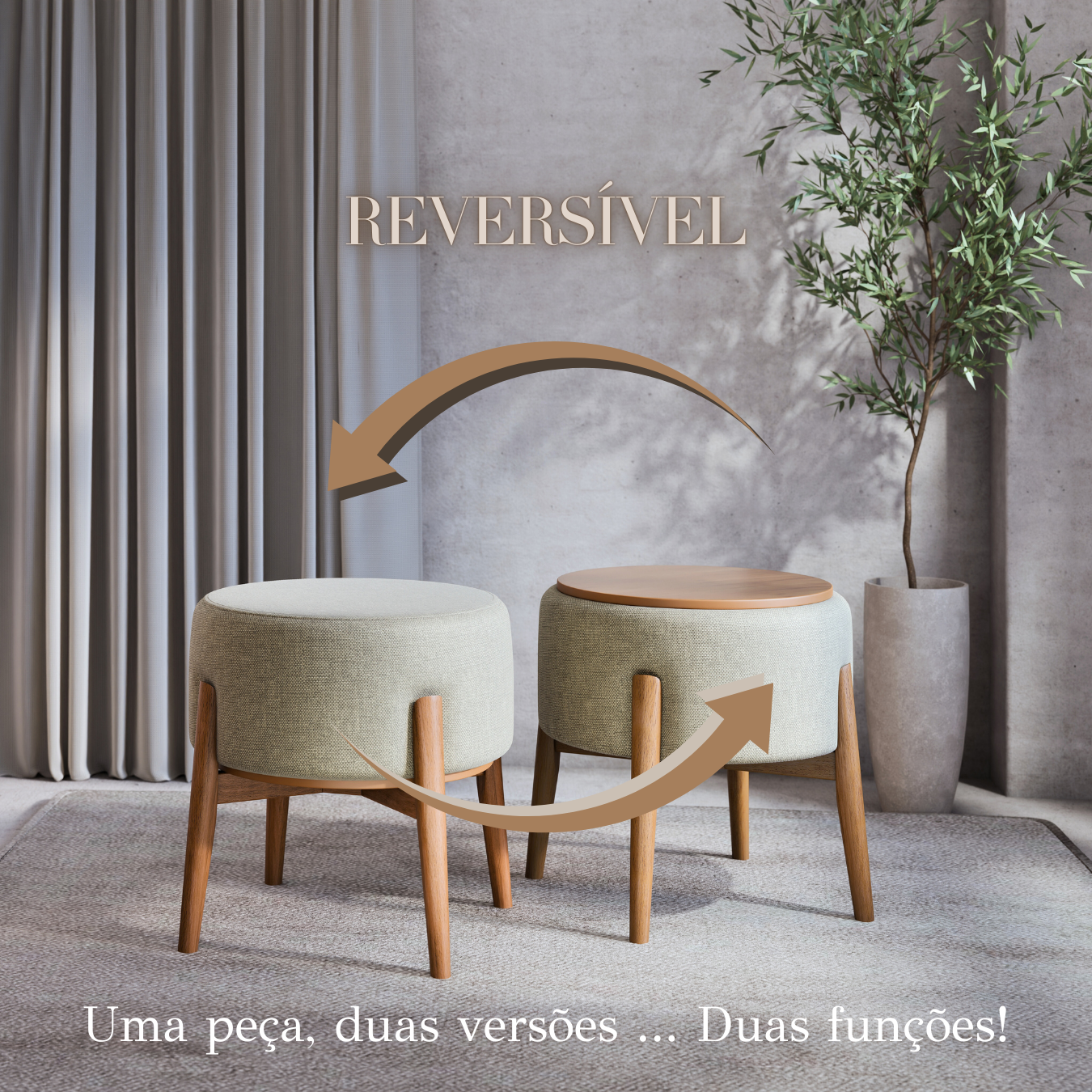 Puff Dual em Linho Cinza e Madeira Eucalipto - 1 Und