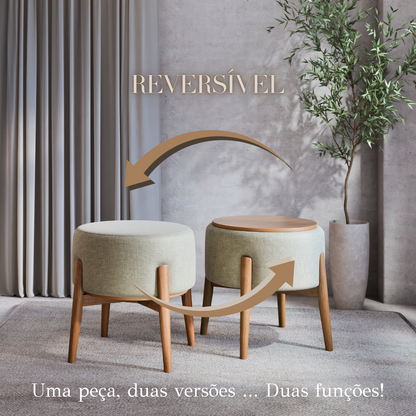 Puff Dual em Linho Cinza e Madeira Eucalipto - 1 Und