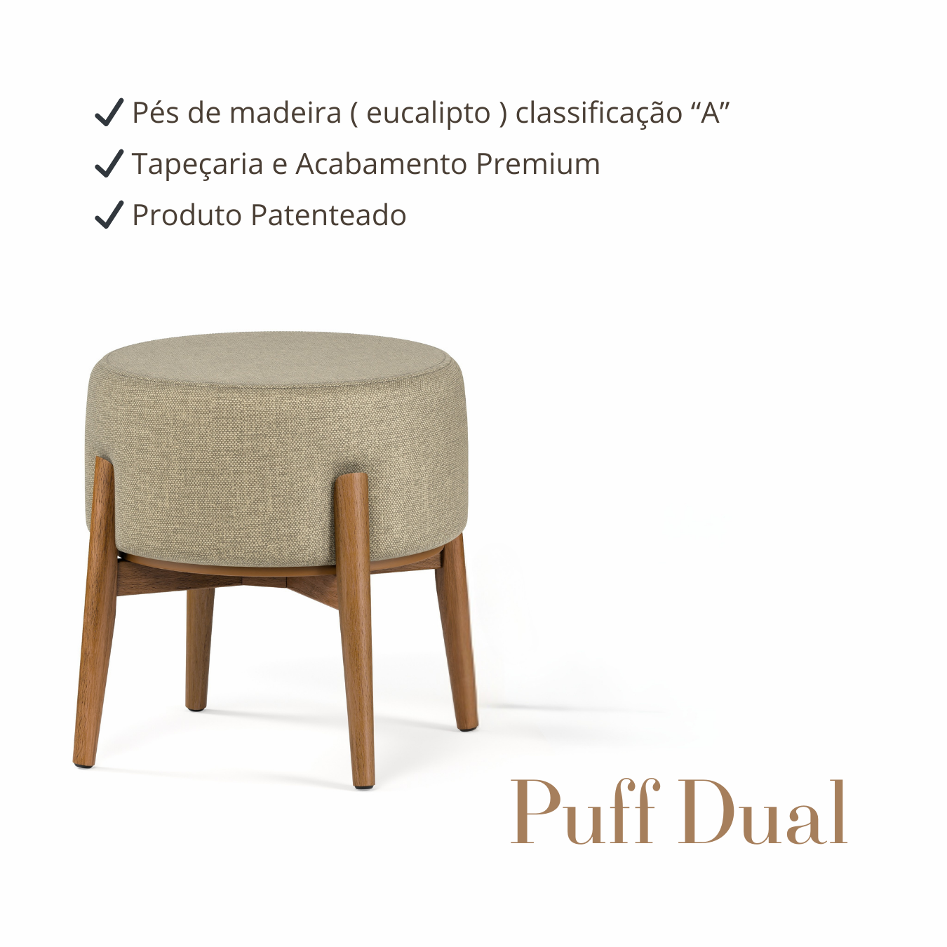Puff Dual em Linho Cinza e Madeira Eucalipto - 1 Und