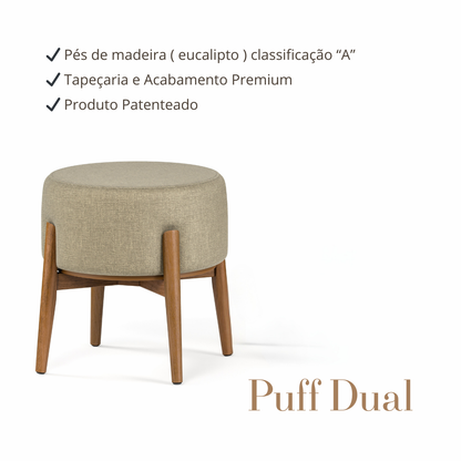 Puff Dual em Linho Cinza e Madeira Eucalipto - 1 Und