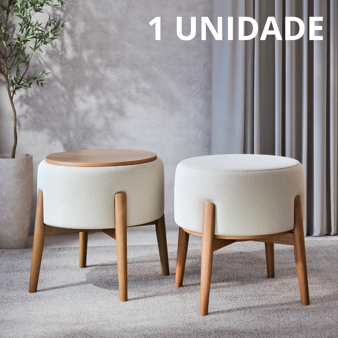 Puff Dual em Linho Palha e Madeira Eucalipto - 1 Und