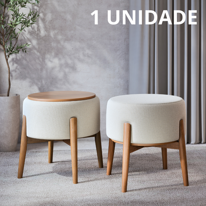 Puff Dual em Linho Palha e Madeira Eucalipto - 1 Und
