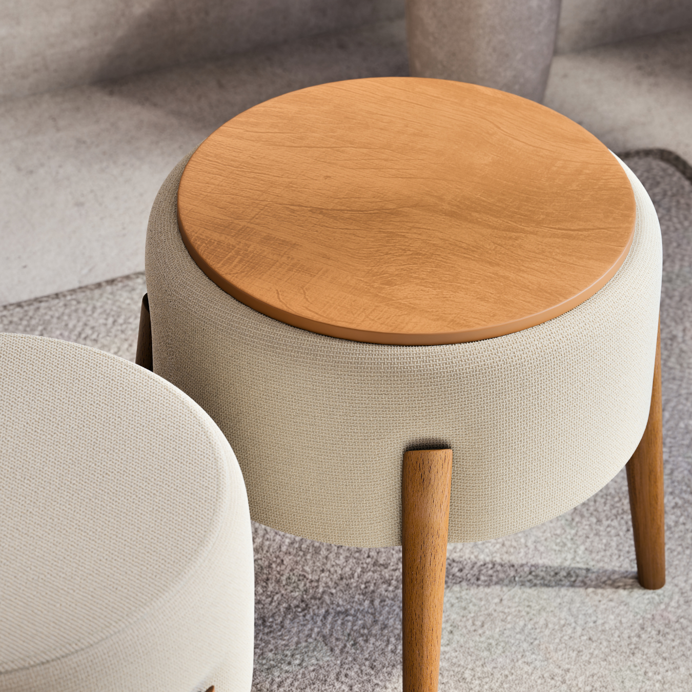 Puff Dual em Linho Palha e Madeira Eucalipto - 1 Und