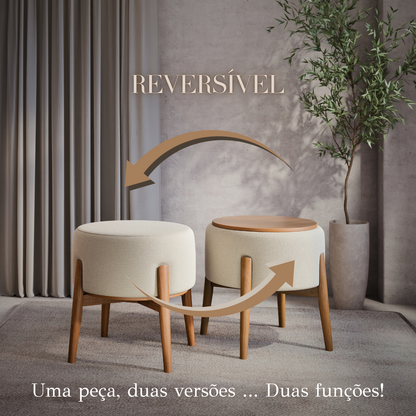 Puff Dual em Linho Palha e Madeira Eucalipto - 1 Und