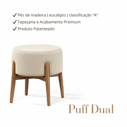 Puff Dual em Linho Palha e Madeira Eucalipto - 1 Und