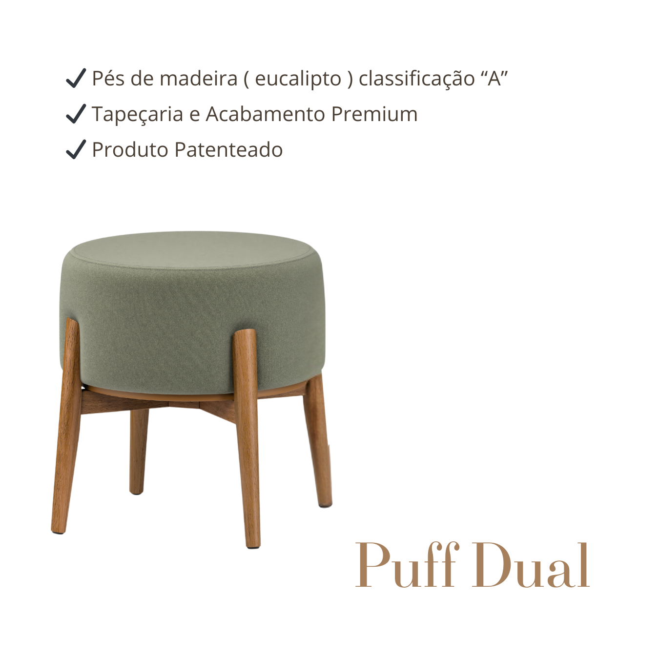 Puff Dual em Linho Verde e Madeira Eucalipto - 1 Und