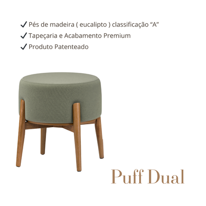 Puff Dual em Linho Verde e Madeira Eucalipto - 1 Und