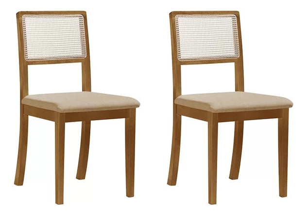 Kit 2 Cadeiras Rubi Estofada com Encosto em Tela Sextavada – Madeira Maciça Mel e Veludo Bege