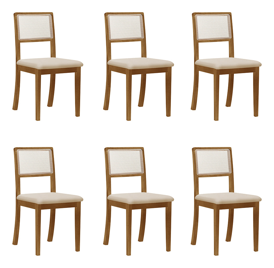 Kit 6 Cadeiras Rubi Estofada com Encosto em Tela Sextavada – Madeira Maciça Mel e Veludo Bege