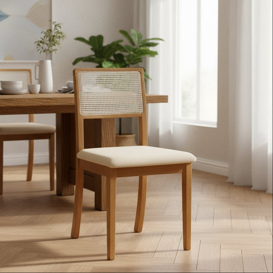 Cadeira Rubi Estofada com Encosto em Tela Sextavada – Madeira Maciça Mel e Veludo Bege